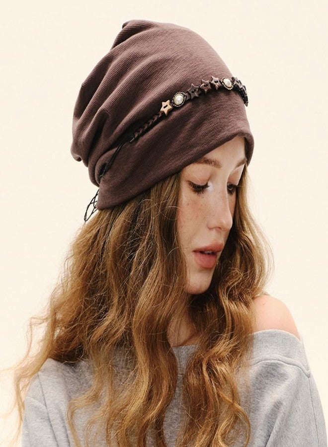KORADI Women's Slouchy Beanie Hat Retro Stars Tassel Skull Cap Y2K Stylish Beanies Bonnet Stretch Hip-Hop Headwear Coffee - Image 2